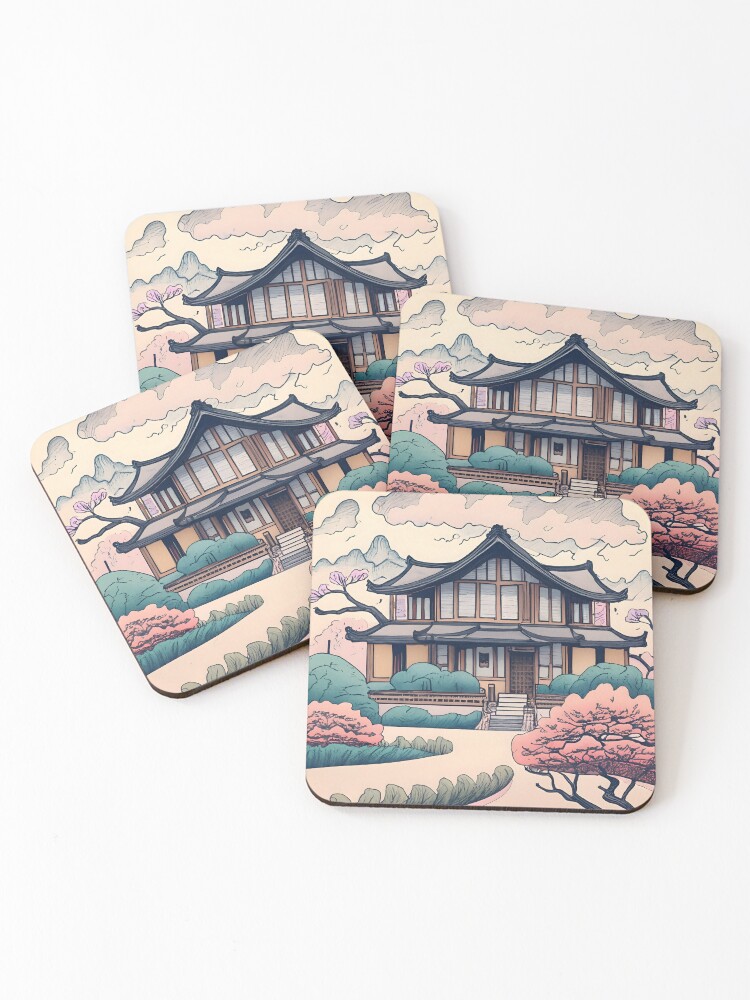 Thumbnail 1 of 5, Coasters (Set of 4), Old Traditional Korean house Hanok Drawing designed and sold by Patricks-Art.