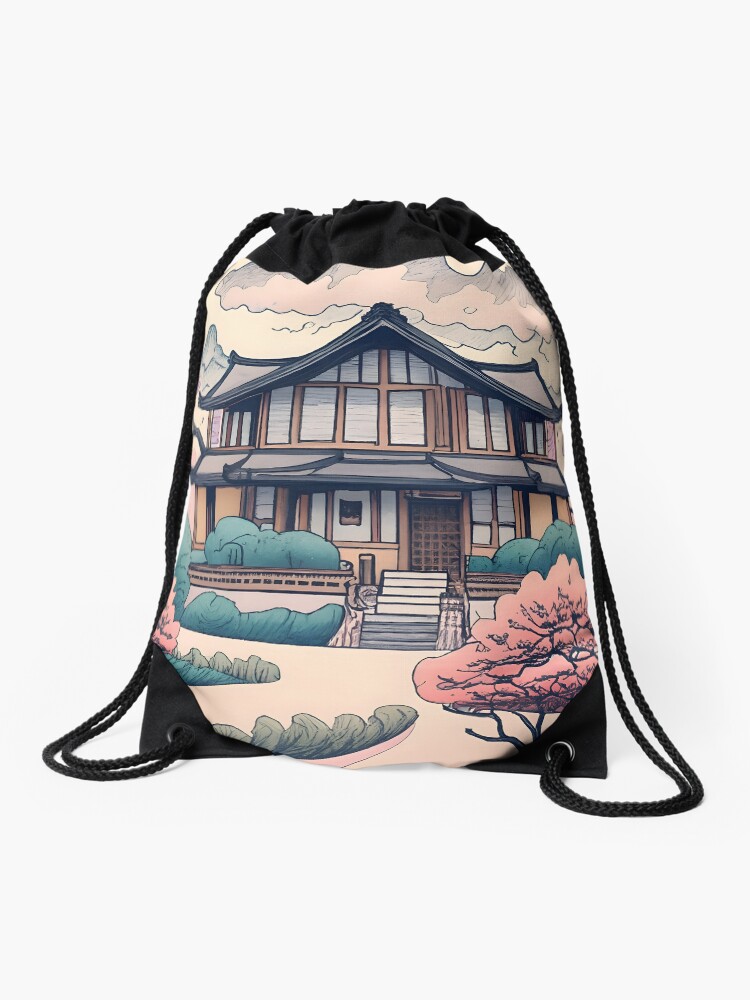 Thumbnail 1 of 3, Drawstring Bag, Old Traditional Korean house Hanok Drawing designed and sold by Patricks-Art.