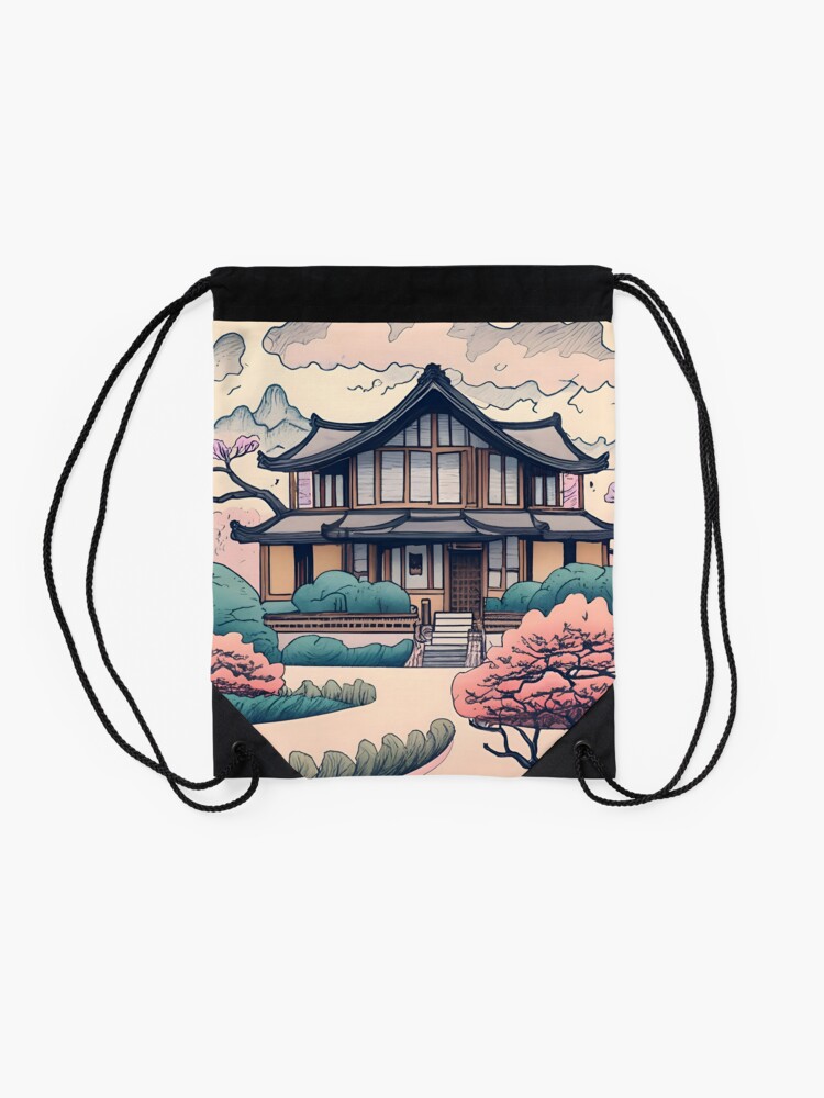 Thumbnail 2 of 3, Drawstring Bag, Old Traditional Korean house Hanok Drawing designed and sold by Patricks-Art.