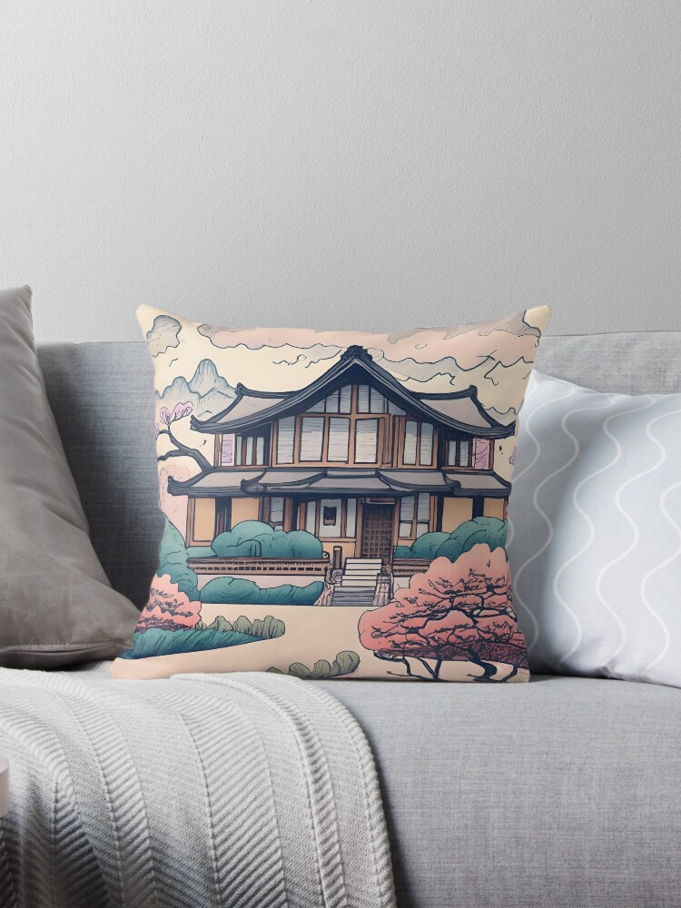 Thumbnail 1 of 4, Pillow, Old Traditional Korean house Hanok Drawing designed and sold by Patricks-Art.