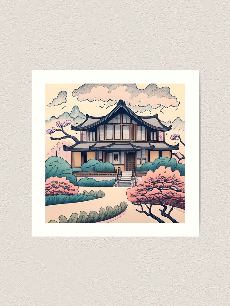 Thumbnail 1 of 3, Art Print, Old Traditional Korean house Hanok Drawing designed and sold by Patricks-Art.
