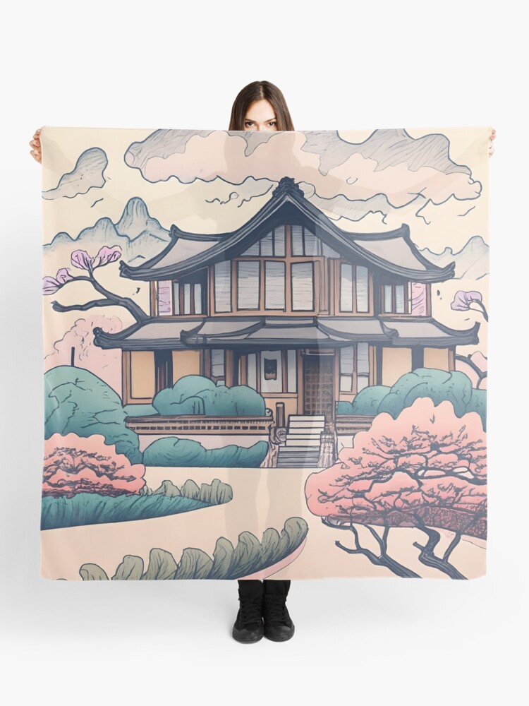 Thumbnail 1 of 3, Scarf, Old Traditional Korean house Hanok Drawing designed and sold by Patricks-Art.