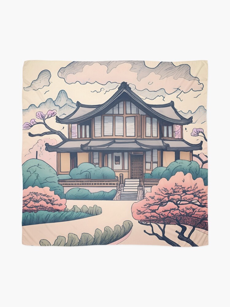 Thumbnail 2 of 3, Scarf, Old Traditional Korean house Hanok Drawing designed and sold by Patricks-Art.