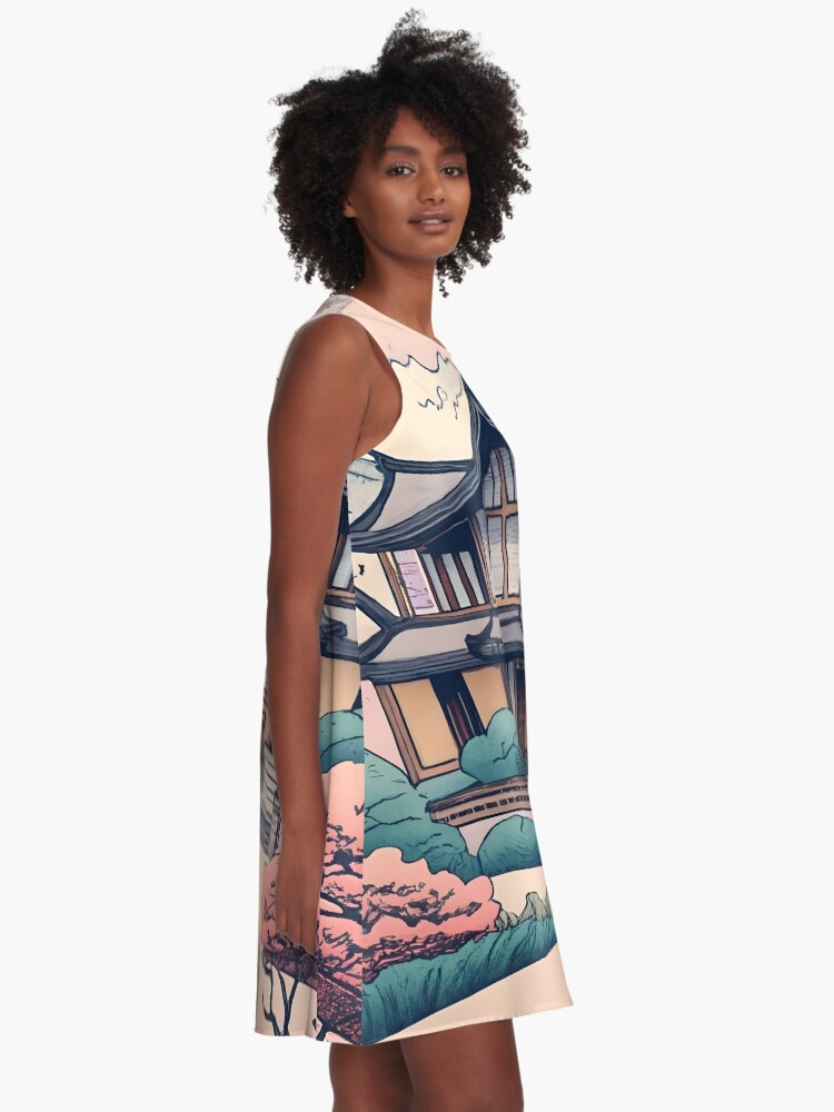 Thumbnail 2 of 4, A-Line Dress, Old Traditional Korean house Hanok Drawing designed and sold by Patricks-Art.