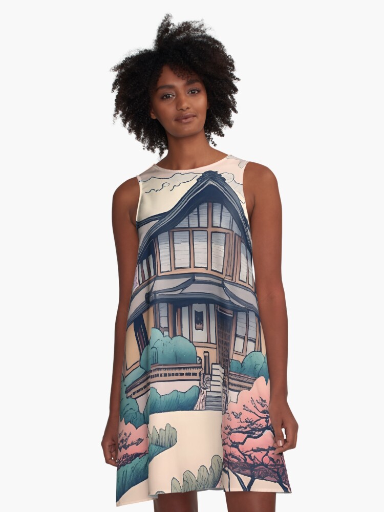 Thumbnail 1 of 4, A-Line Dress, Old Traditional Korean house Hanok Drawing designed and sold by Patricks-Art.