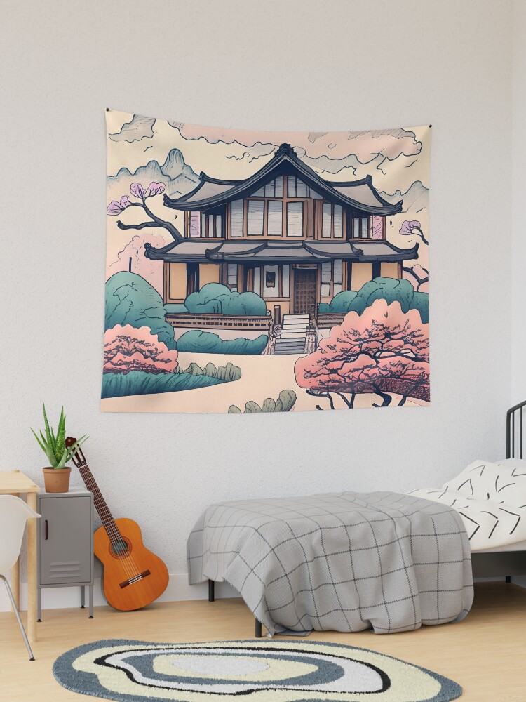 Thumbnail 1 of 3, Tapestry, Old Traditional Korean house Hanok Drawing designed and sold by Patricks-Art.