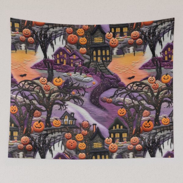 Item preview, Embroidered Halloween Pattern, Haus, Pumpkins, Trees designed and sold by Sunmoonlove.