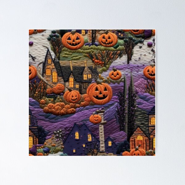 Item preview, Embroidered Halloween Pattern, Castle, Pumpkins, Trees designed and sold by Sunmoonlove.