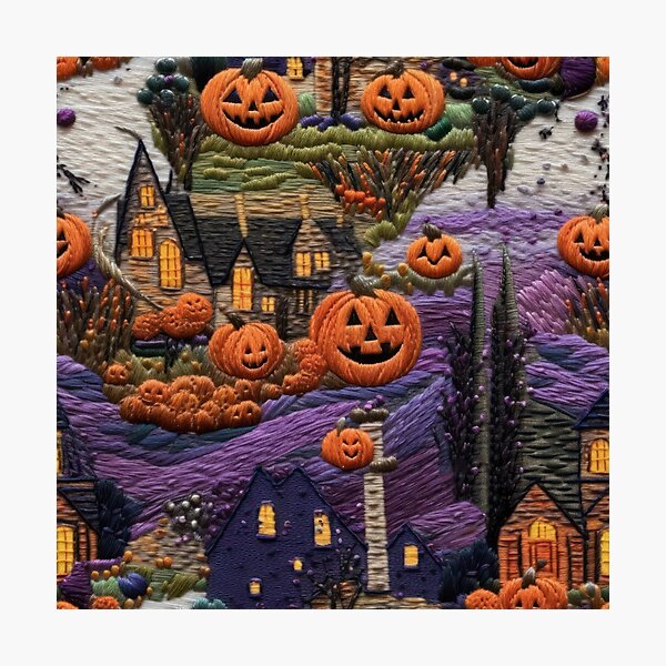Item preview, Embroidered Halloween Pattern, Castle, Pumpkins, Trees designed and sold by Sunmoonlove.