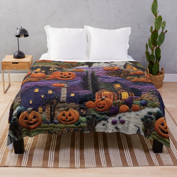 Item preview, Embroidered Halloween Pattern, Castle, Pumpkins, Trees designed and sold by Sunmoonlove.