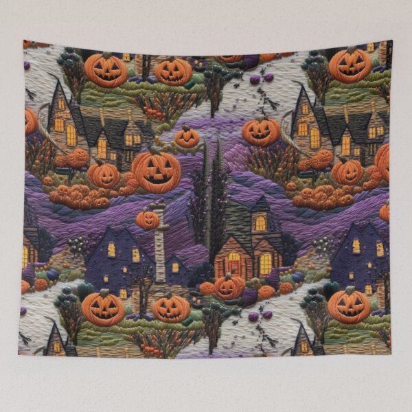 Item preview, Embroidered Halloween Pattern, Castle, Pumpkins, Trees designed and sold by Sunmoonlove.