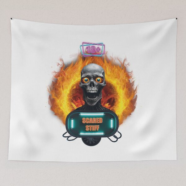 Item preview, a flaming skull with orange eyes. a neon sign that says "scared stiff." designed and sold by Dream-Way.