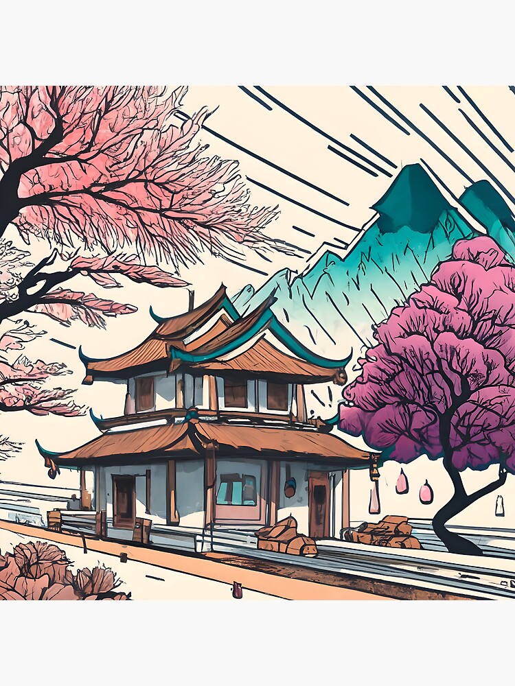 Thumbnail 3 of 3, Pin, Old Traditional Chinese house Siheyuan, minimalistic ink drawing designed and sold by Patricks-Art.
