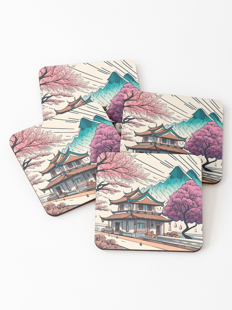 Thumbnail 1 of 5, Coasters (Set of 4), Old Traditional Chinese house Siheyuan, minimalistic ink drawing designed and sold by Patricks-Art.