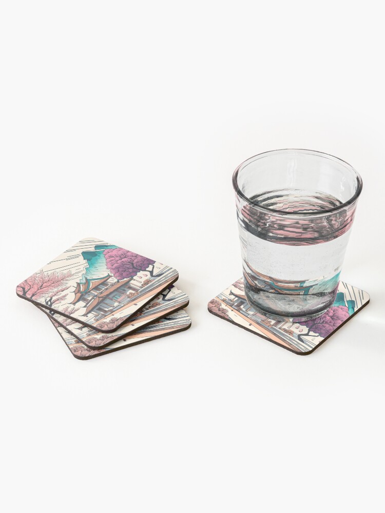 Thumbnail 2 of 5, Coasters (Set of 4), Old Traditional Chinese house Siheyuan, minimalistic ink drawing designed and sold by Patricks-Art.