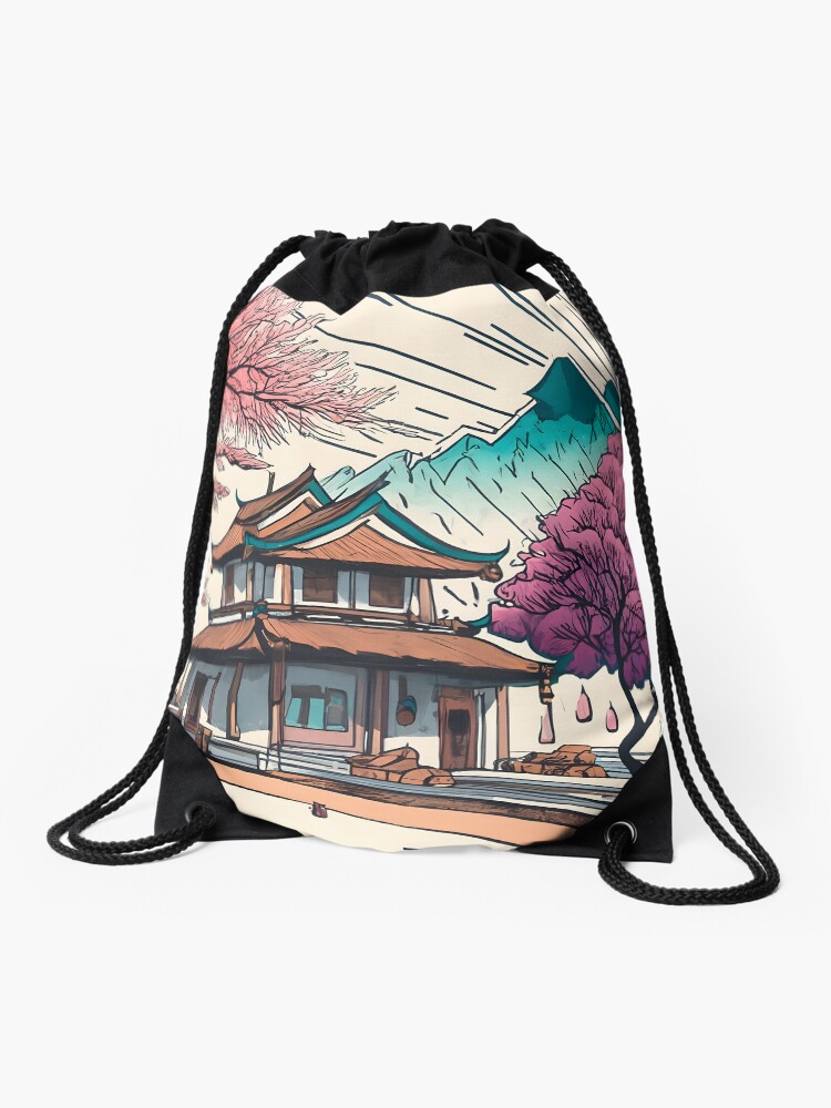 Thumbnail 1 of 3, Drawstring Bag, Old Traditional Chinese house Siheyuan, minimalistic ink drawing designed and sold by Patricks-Art.