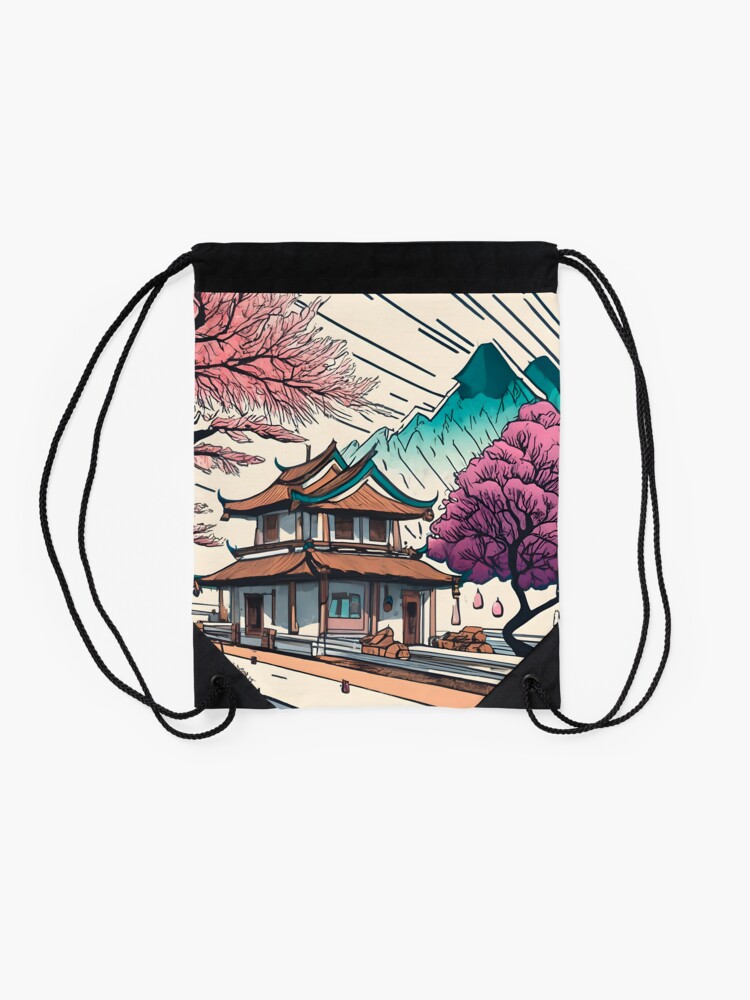 Thumbnail 2 of 3, Drawstring Bag, Old Traditional Chinese house Siheyuan, minimalistic ink drawing designed and sold by Patricks-Art.