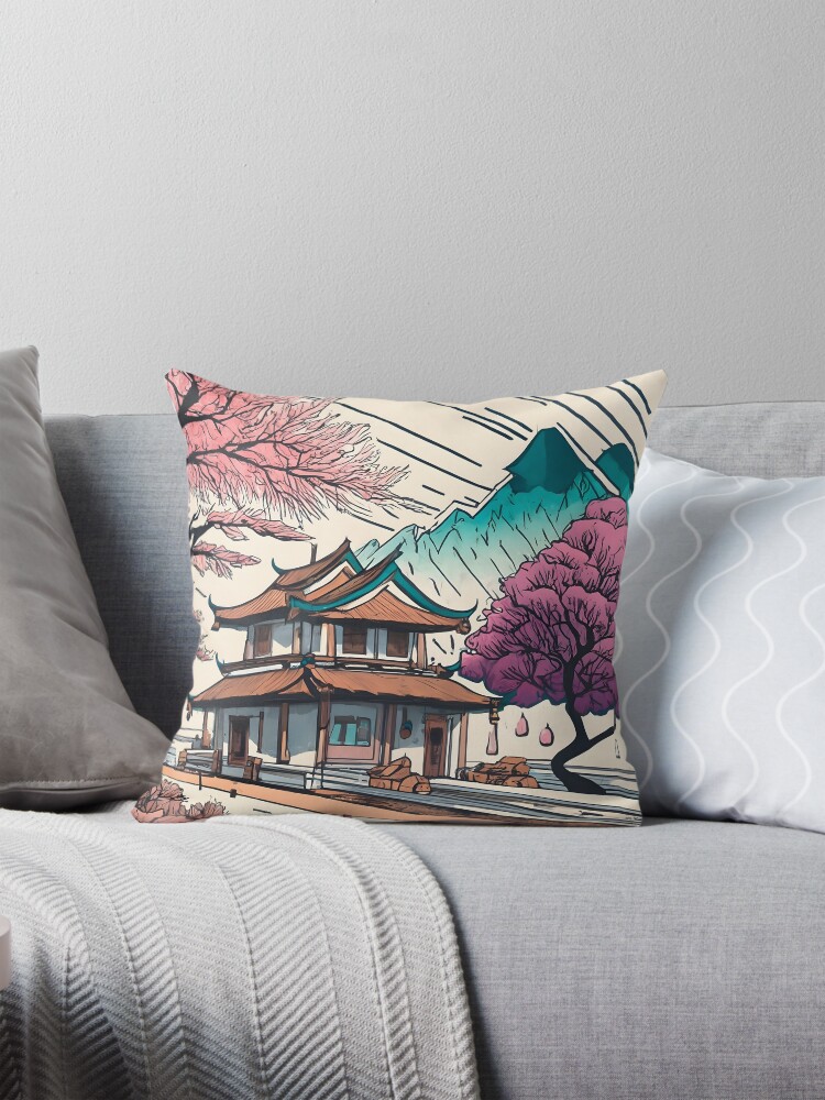 Thumbnail 1 of 4, Pillow, Old Traditional Chinese house Siheyuan, minimalistic ink drawing designed and sold by Patricks-Art.