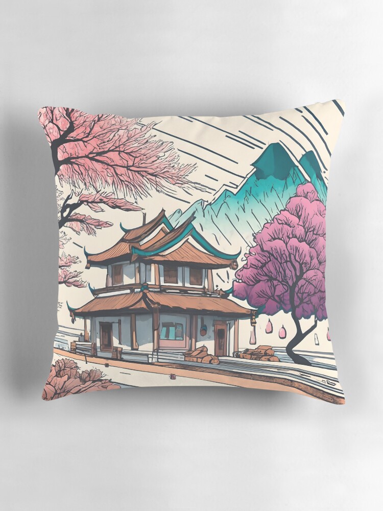 Thumbnail 3 of 4, Pillow, Old Traditional Chinese house Siheyuan, minimalistic ink drawing designed and sold by Patricks-Art.