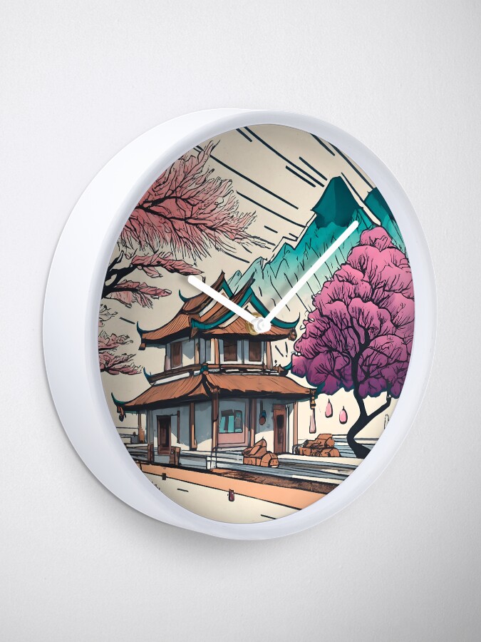 Thumbnail 1 of 4, Clock, Old Traditional Chinese house Siheyuan, minimalistic ink drawing designed and sold by Patricks-Art.