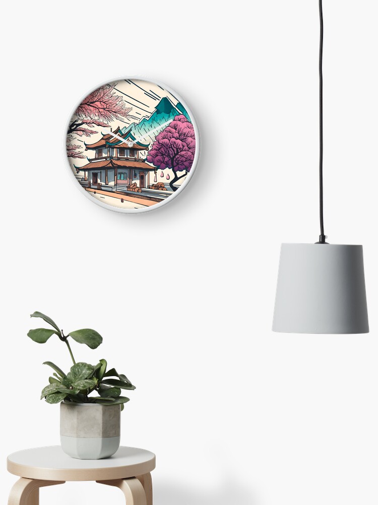 Thumbnail 2 of 4, Clock, Old Traditional Chinese house Siheyuan, minimalistic ink drawing designed and sold by Patricks-Art.