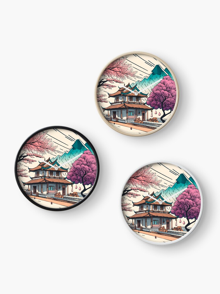 Thumbnail 3 of 4, Clock, Old Traditional Chinese house Siheyuan, minimalistic ink drawing designed and sold by Patricks-Art.