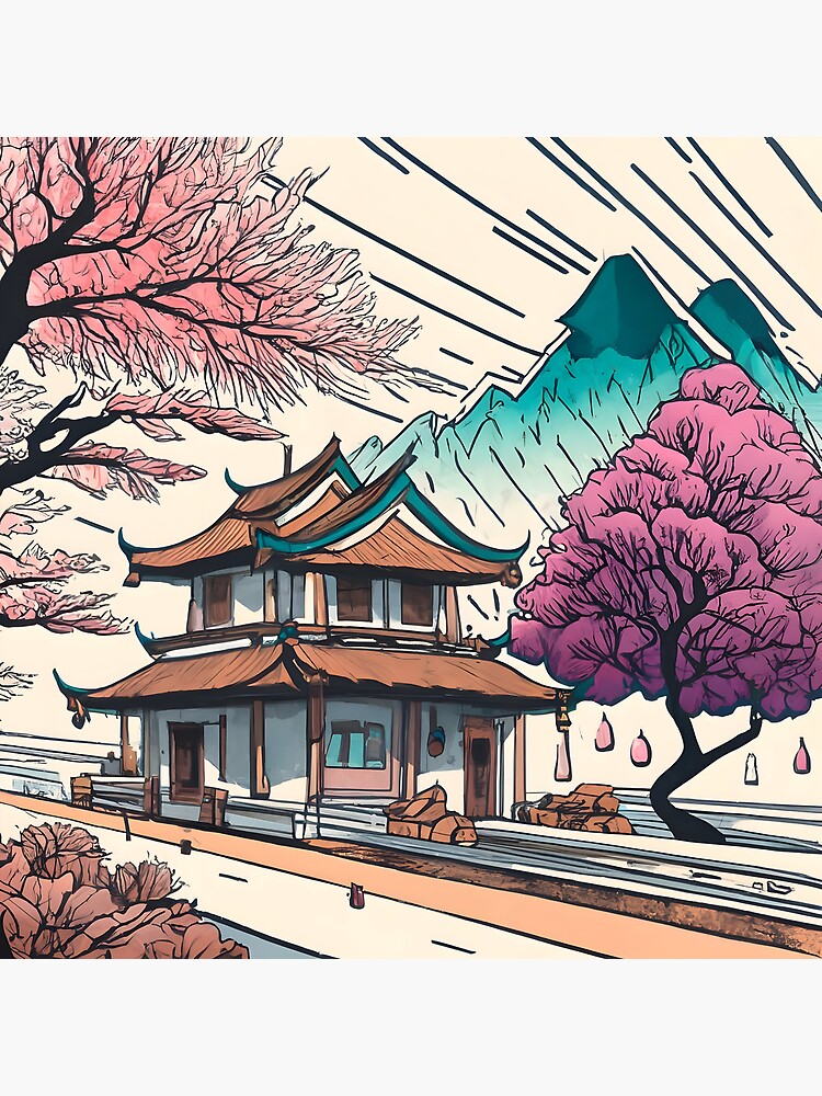 Thumbnail 4 of 4, Clock, Old Traditional Chinese house Siheyuan, minimalistic ink drawing designed and sold by Patricks-Art.