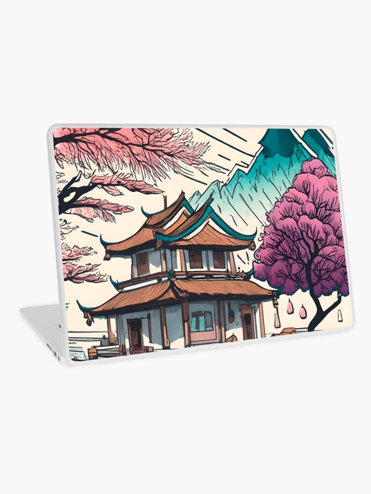 Thumbnail 1 of 2, Laptop Skin, Old Traditional Chinese house Siheyuan, minimalistic ink drawing designed and sold by Patricks-Art.