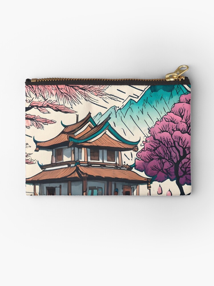 Thumbnail 1 of 4, Zipper Pouch, Old Traditional Chinese house Siheyuan, minimalistic ink drawing designed and sold by Patricks-Art.