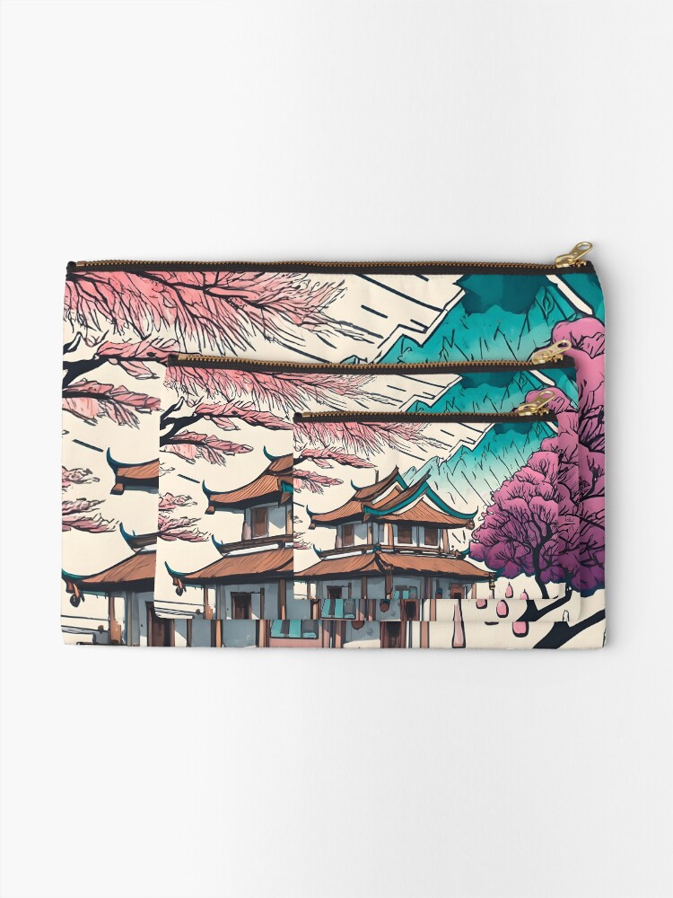 Thumbnail 2 of 4, Zipper Pouch, Old Traditional Chinese house Siheyuan, minimalistic ink drawing designed and sold by Patricks-Art.