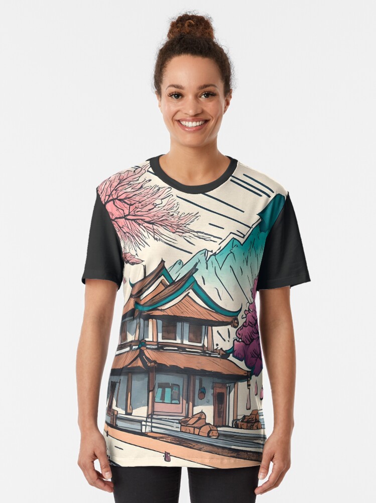 Thumbnail 2 of 5, Graphic T-Shirt, Old Traditional Chinese house Siheyuan, minimalistic ink drawing designed and sold by Patricks-Art.