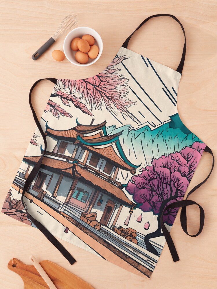 Thumbnail 1 of 6, Apron, Old Traditional Chinese house Siheyuan, minimalistic ink drawing designed and sold by Patricks-Art.