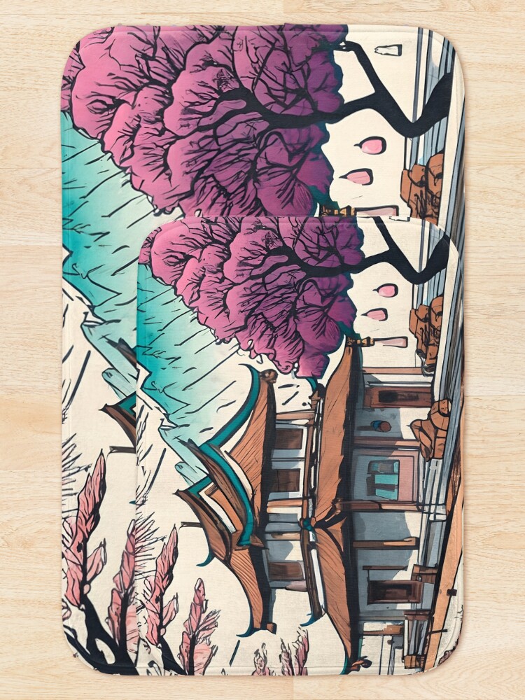 Thumbnail 5 of 6, Bath Mat, Old Traditional Chinese house Siheyuan, minimalistic ink drawing designed and sold by Patricks-Art.
