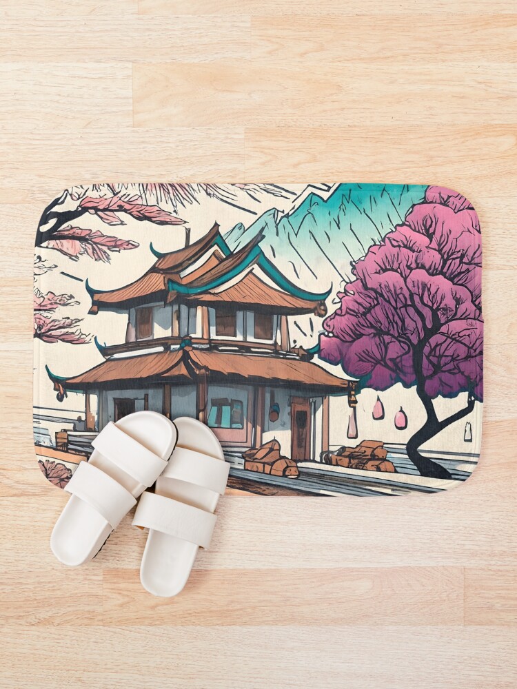 Thumbnail 2 of 6, Bath Mat, Old Traditional Chinese house Siheyuan, minimalistic ink drawing designed and sold by Patricks-Art.