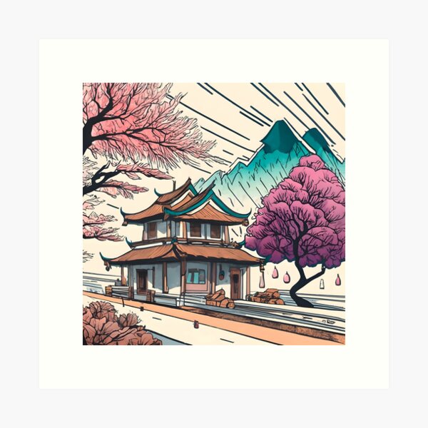 Item preview, Old Traditional Chinese house Siheyuan, minimalistic ink drawing designed and sold by Patricks-Art.