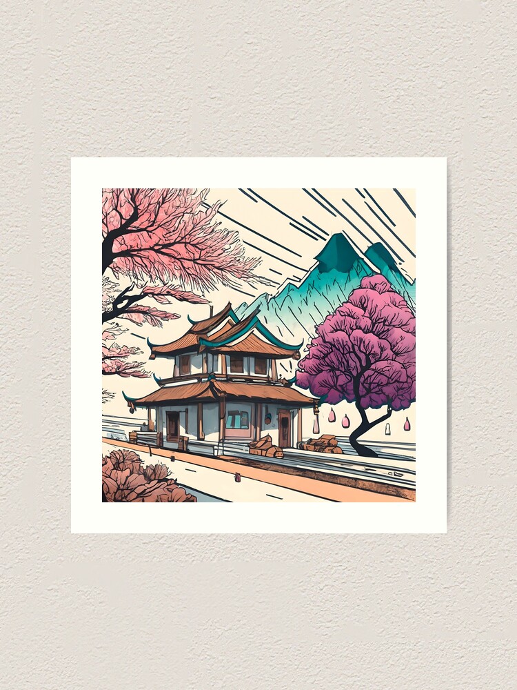 Thumbnail 2 of 3, Art Print, Old Traditional Chinese house Siheyuan, minimalistic ink drawing designed and sold by Patricks-Art.