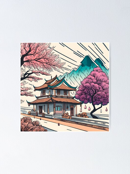 Thumbnail 1 of 3, Poster, Old Traditional Chinese house Siheyuan, minimalistic ink drawing designed and sold by Patricks-Art.