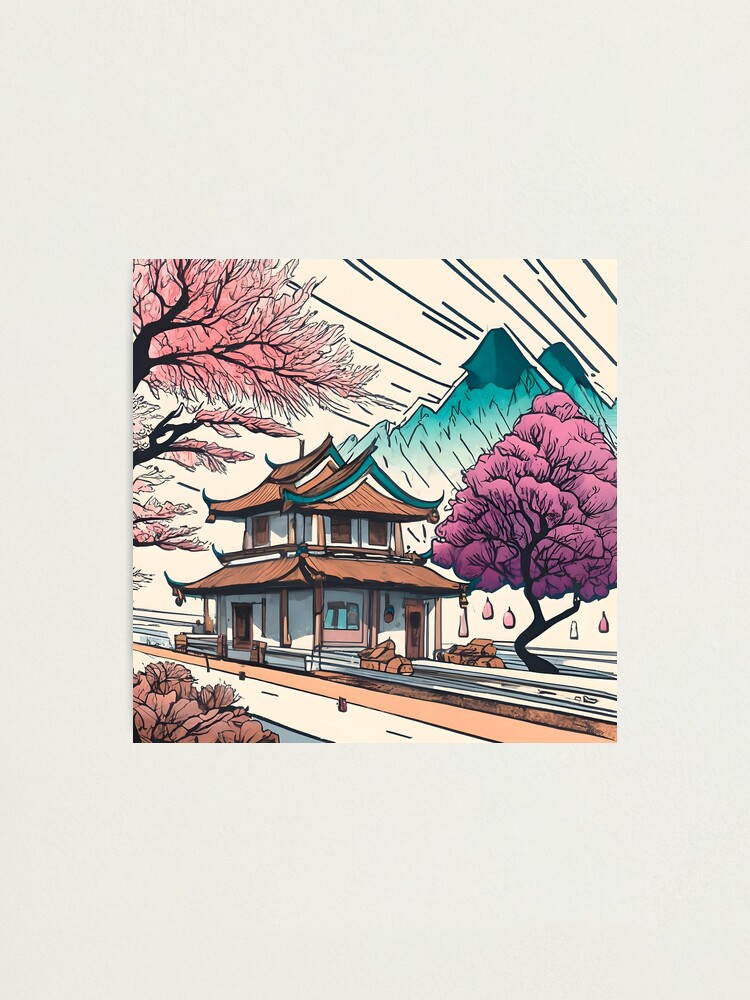 Thumbnail 1 of 3, Photographic Print, Old Traditional Chinese house Siheyuan, minimalistic ink drawing designed and sold by Patricks-Art.