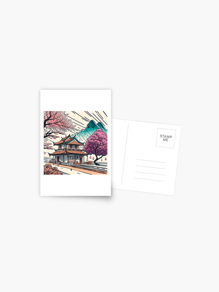 Thumbnail 1 of 2, Postcard, Old Traditional Chinese house Siheyuan, minimalistic ink drawing designed and sold by Patricks-Art.