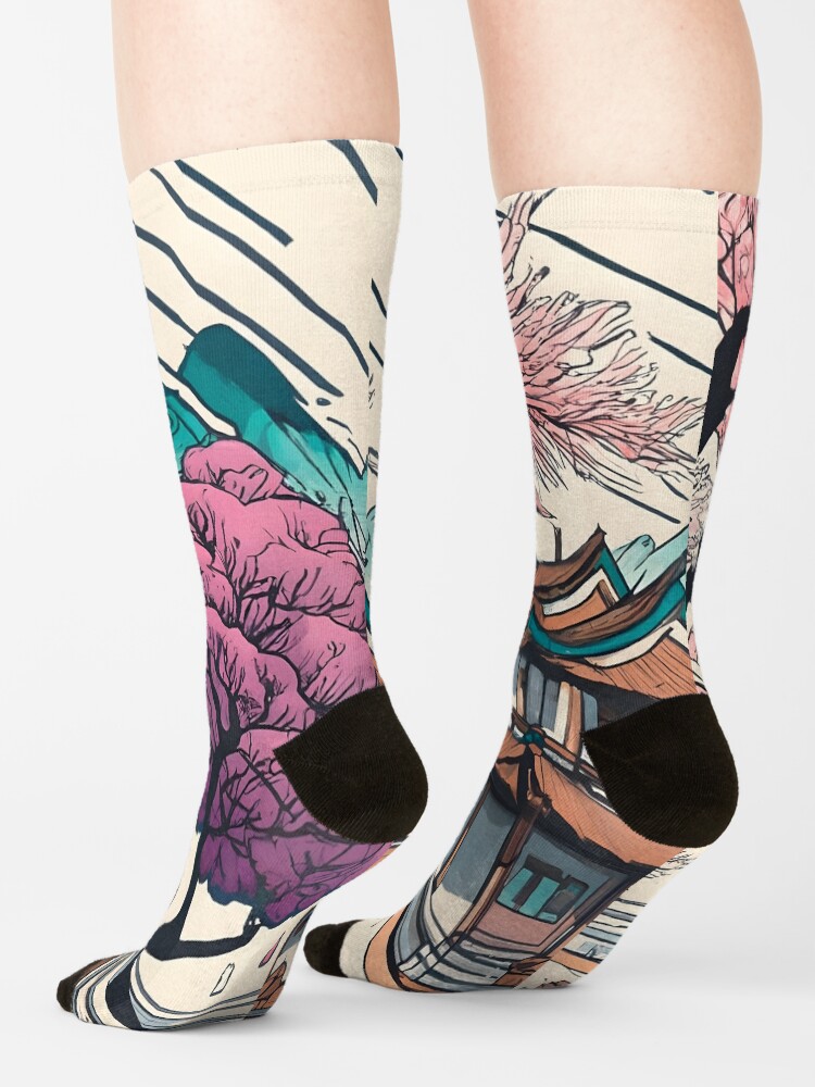 Thumbnail 4 of 5, Socks, Old Traditional Chinese house Siheyuan, minimalistic ink drawing designed and sold by Patricks-Art.