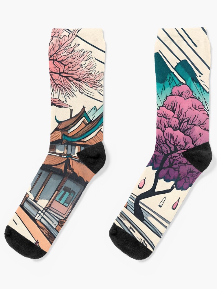 Thumbnail 1 of 5, Socks, Old Traditional Chinese house Siheyuan, minimalistic ink drawing designed and sold by Patricks-Art.