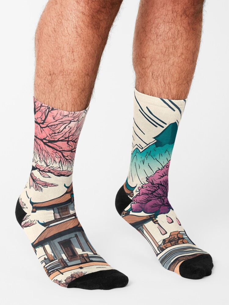 Thumbnail 3 of 5, Socks, Old Traditional Chinese house Siheyuan, minimalistic ink drawing designed and sold by Patricks-Art.