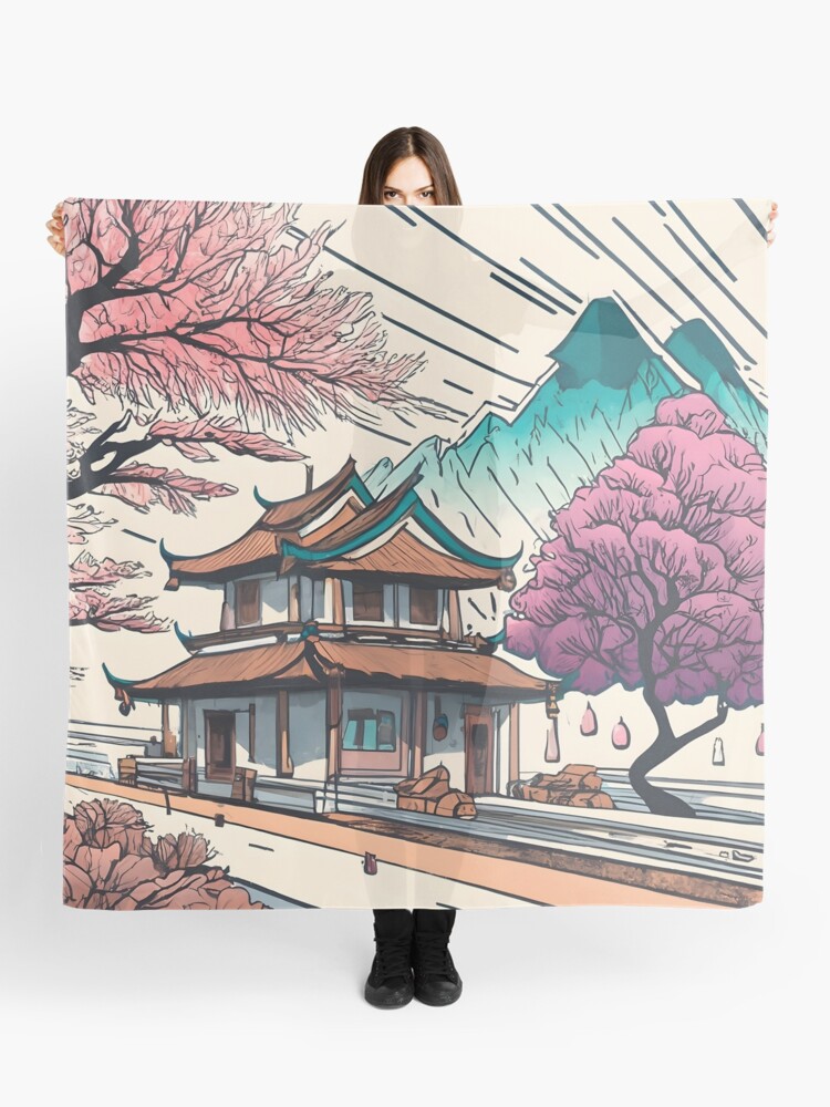 Thumbnail 1 of 3, Scarf, Old Traditional Chinese house Siheyuan, minimalistic ink drawing designed and sold by Patricks-Art.