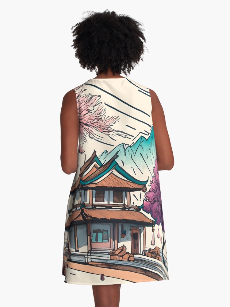 Thumbnail 3 of 4, A-Line Dress, Old Traditional Chinese house Siheyuan, minimalistic ink drawing designed and sold by Patricks-Art.