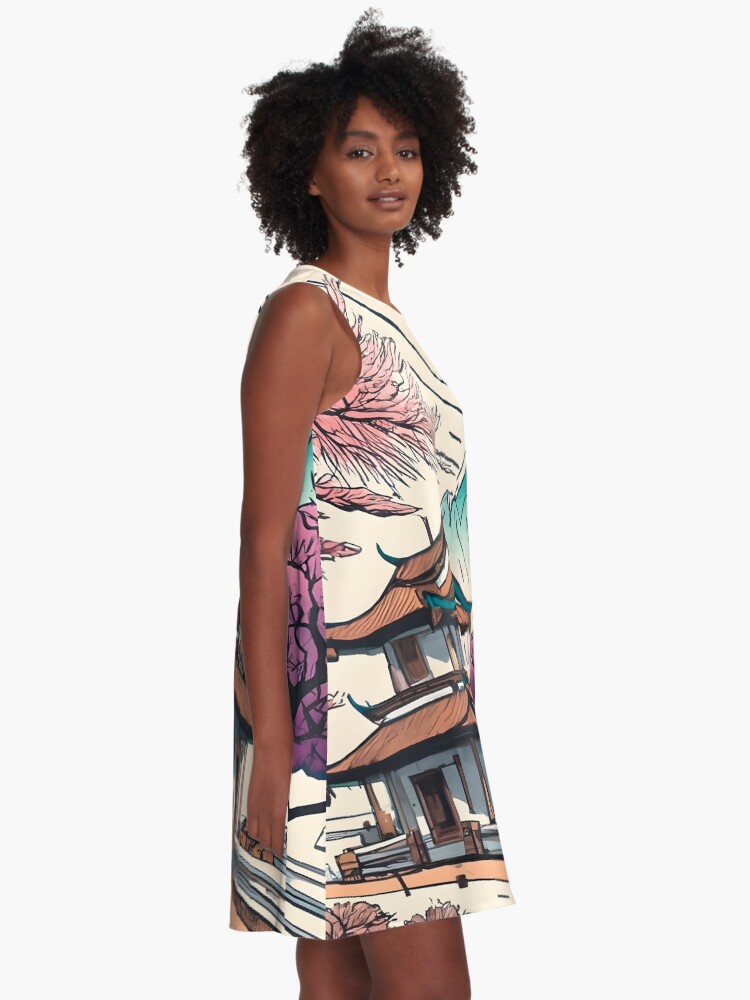Thumbnail 2 of 4, A-Line Dress, Old Traditional Chinese house Siheyuan, minimalistic ink drawing designed and sold by Patricks-Art.