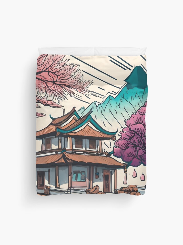 Thumbnail 1 of 2, Duvet Cover, Old Traditional Chinese house Siheyuan, minimalistic ink drawing designed and sold by Patricks-Art.