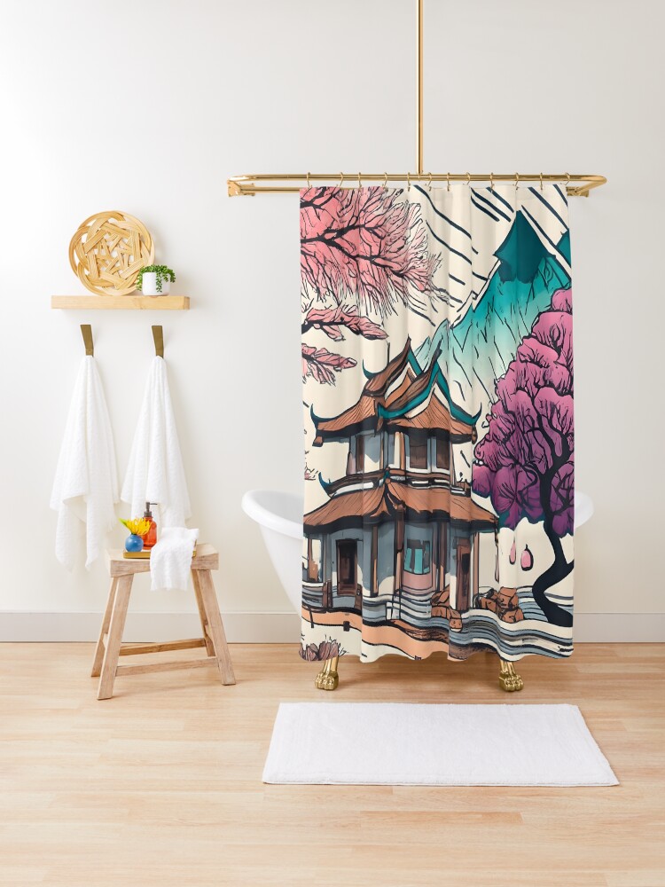 Thumbnail 1 of 5, Shower Curtain, Old Traditional Chinese house Siheyuan, minimalistic ink drawing designed and sold by Patricks-Art.
