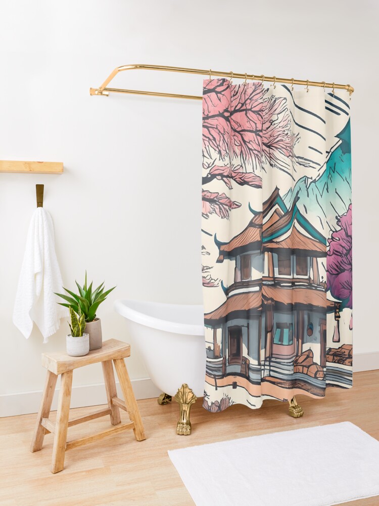 Thumbnail 3 of 5, Shower Curtain, Old Traditional Chinese house Siheyuan, minimalistic ink drawing designed and sold by Patricks-Art.