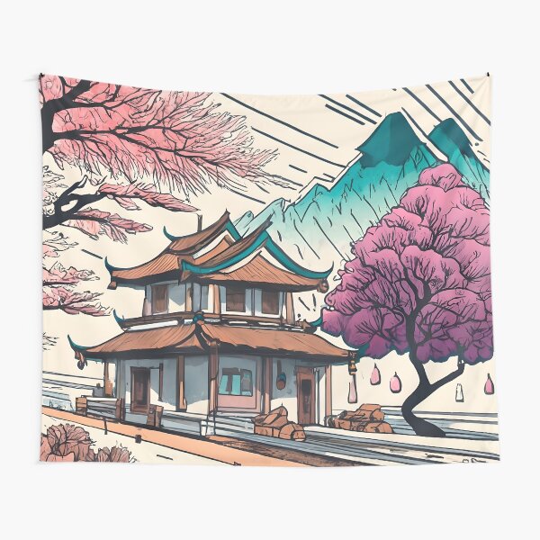 Item preview, Old Traditional Chinese house Siheyuan, minimalistic ink drawing designed and sold by Patricks-Art.