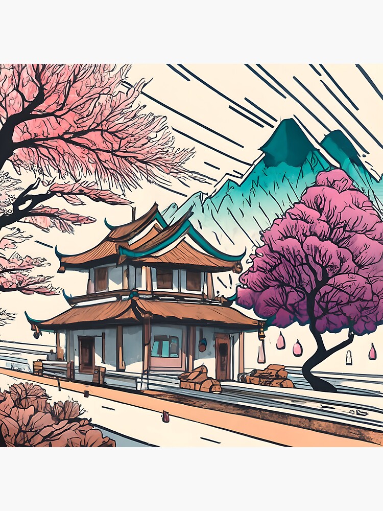 Thumbnail 3 of 3, Sticker, Old Traditional Chinese house Siheyuan, minimalistic ink drawing designed and sold by Patricks-Art.